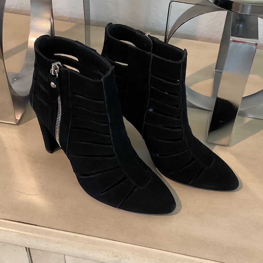 Stuart Weitzman cutout suede booties, black, size 4.5